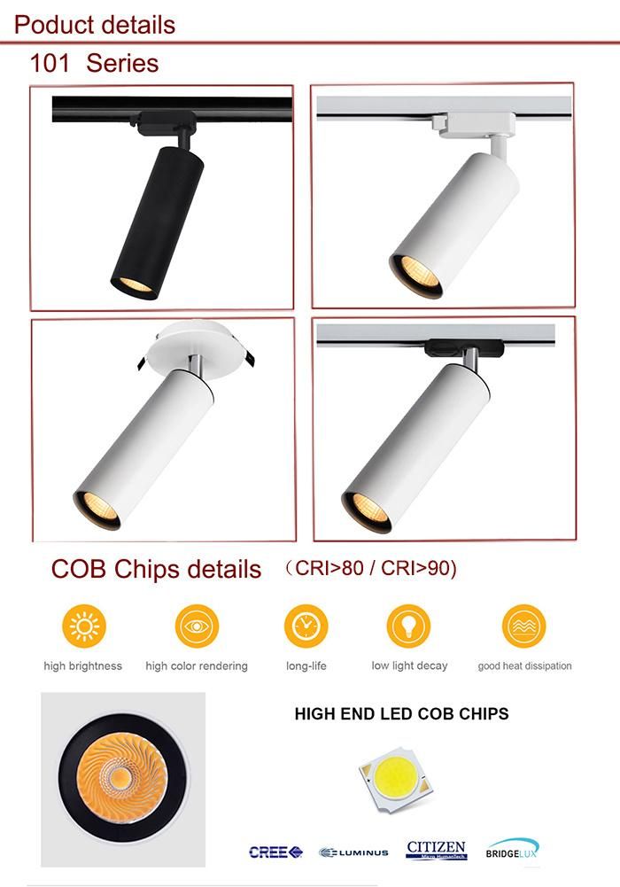 Indoor Adjustable Aluminum Housing White Black 1 Phase 3 Phase COB Ceiling Rail LED LED Spotlight