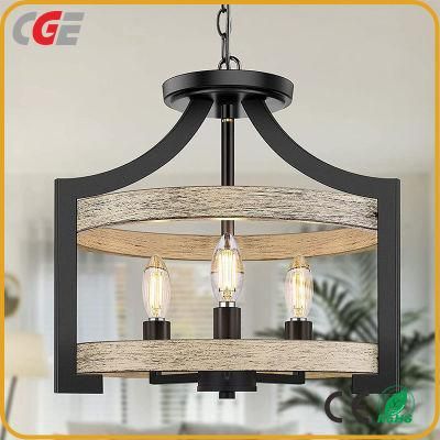Hot Selling American Wrought Iron Chandelier Wood Grain Cafe Retro Suction Hanging Dual-Purpose Lamp