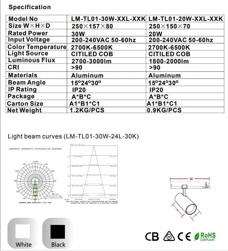 White/ Black Ripple Free Aluminum Alloy Dali, 0-10V Dimmable IP20 30W LED Track Light