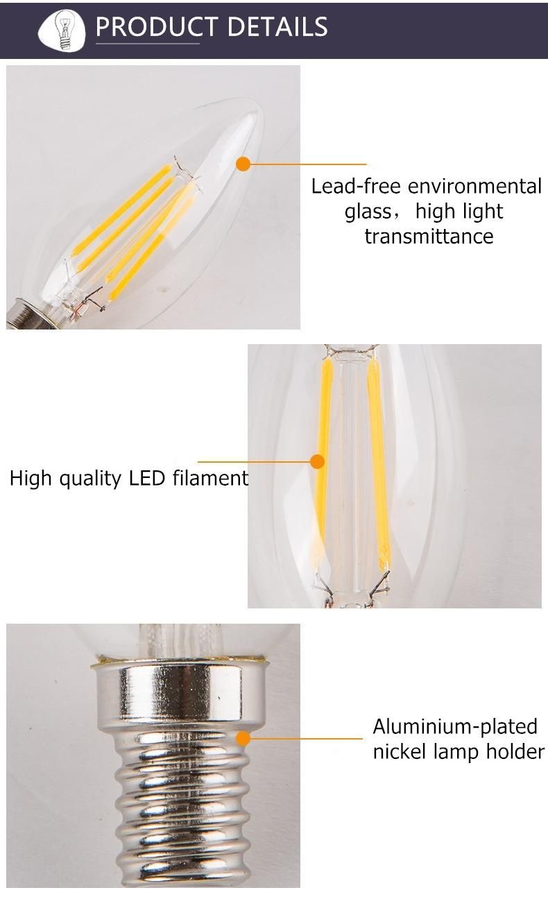 C35 E27 4W LED Filament Candle Bulb with Frosted/Milky/Amber/Clear Glass