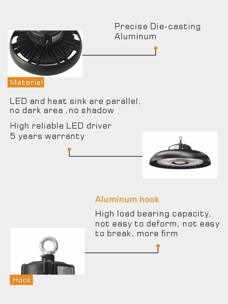 5 Years Warranty100W 150W 200W 240W 150lm/W UFO LED Highbay Light for Warehouse Garage