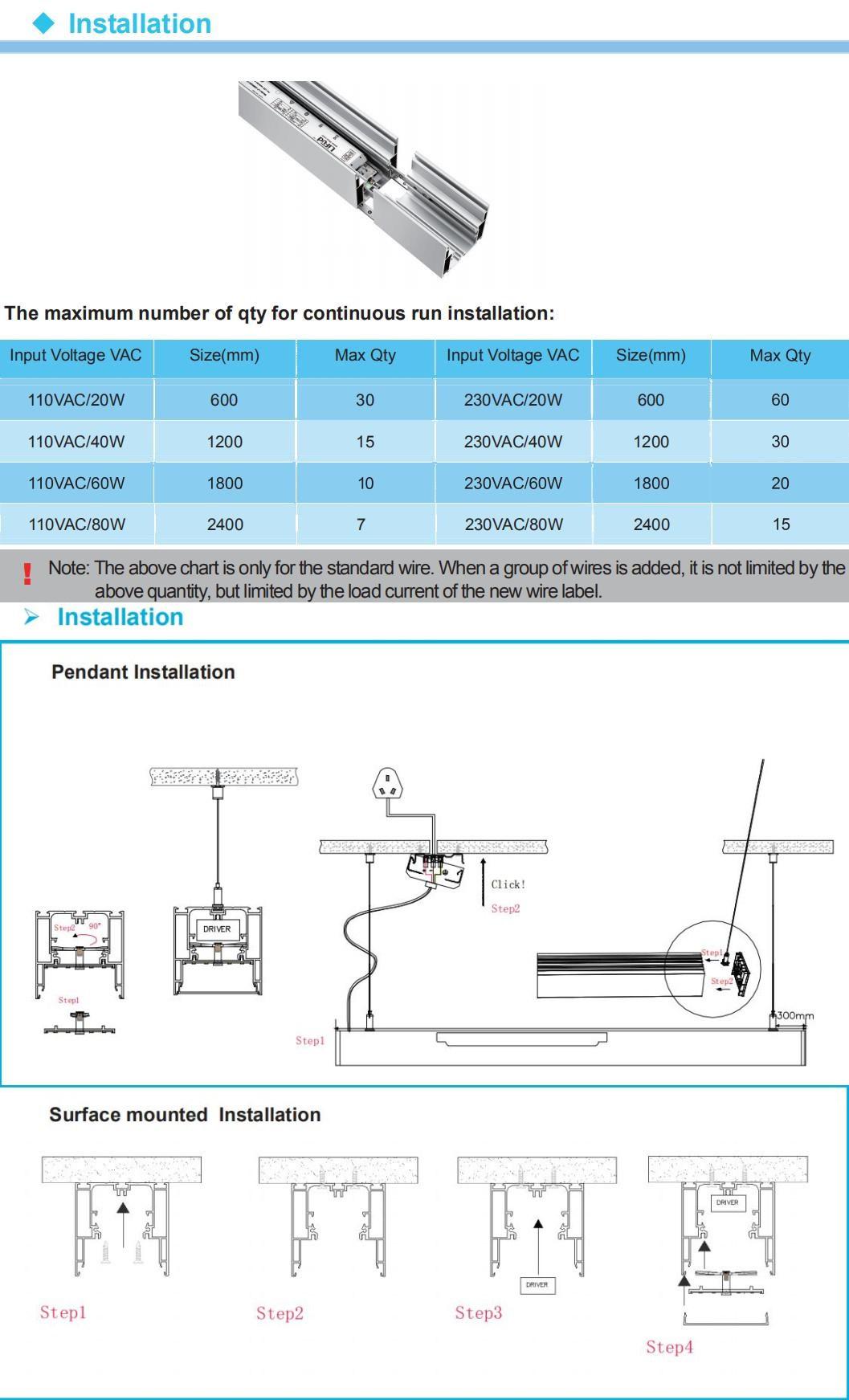 Shenzhen Factory 1.8m 2.4m 60W 6000K LED Linear Pendant Light