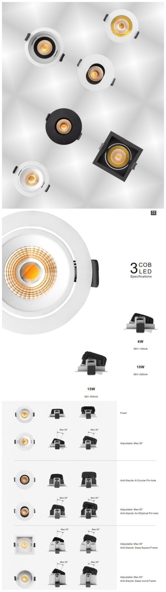 Professional 6-Frame Pine-Hole Lighting Dimmalbe COB LED Downlights Spotlight Recessed Downlight Fixture