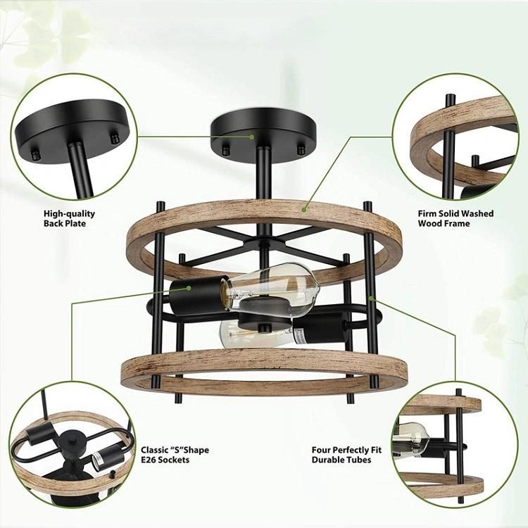 Matte Black Semi Recessed Ceiling Light Fixtures 2 Lights E26 Farmhouse Pendant Light Retro Industrial Ceiling LED Chandeliers