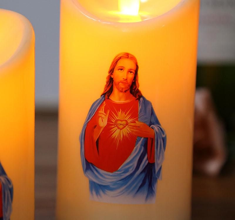 Cylinder LED Flameless Flickering Pillar Candle Jesus The Virgin Mary for Christmas and Religion