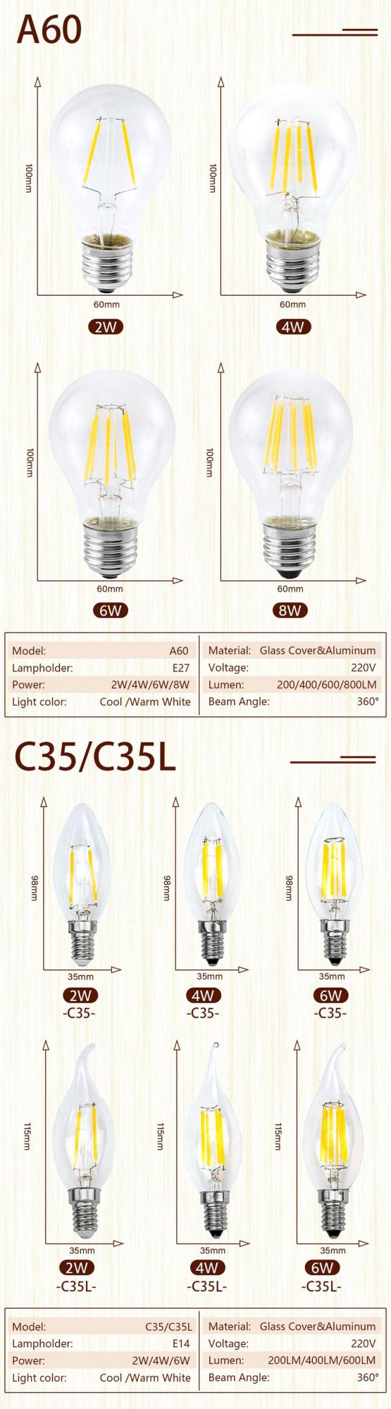 LED Candle Bulb C35 G45 St64 Vintage Lamp E14 LED E27 A60 G95 G125 220V LED Globe 2W 4W 6W 8W Filament Edison LED Light Bulbs