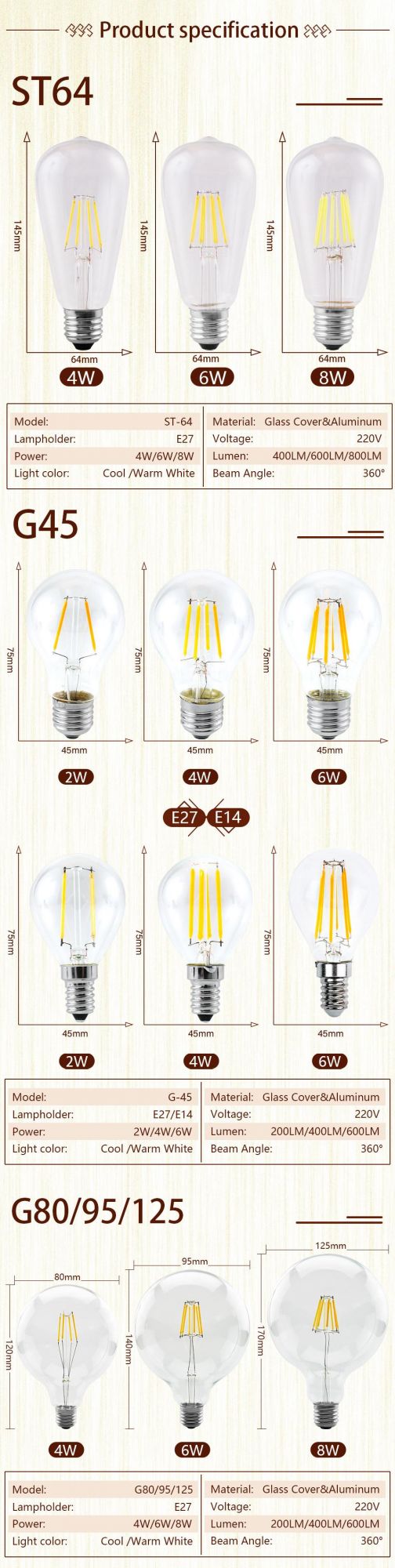 LED Candle Bulb C35 G45 St64 Vintage Lamp E14 LED E27 A60 G95 G125 220V LED Globe 2W 4W 6W 8W Filament Edison LED Light Bulbs