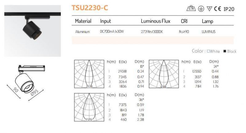 One Circuit Three Circuit Aluminum 2700K 3000K 5000K Adjustable COB LED 30W Track Light