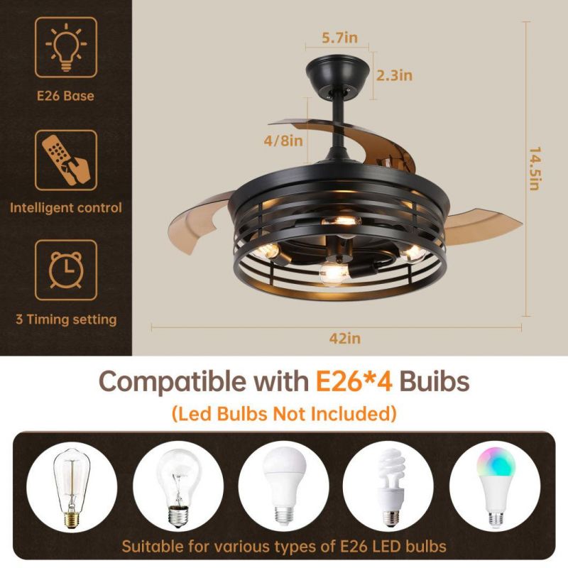 LED Ceiling Fan Glass Lampshade Plastic Blades Ceiling Fan Light Bulb with Hidden Blades