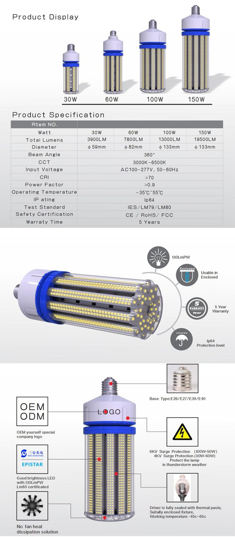 Equivalent LED Corn Bulb 30W E39 Mogul Base 3900 Lumen Replacement Metal Halide/HID/HPS 6000K Daylight for Garage Warehouse Parking Light
