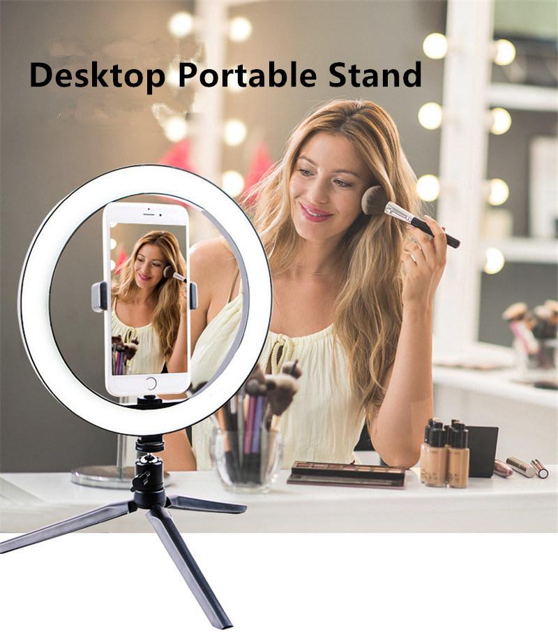 Dimmable LED Desktop Live Broadcast Light Support Ring Light with Tripod Stand Cell Phone Holder Ring Lamp Iron Stand Kit