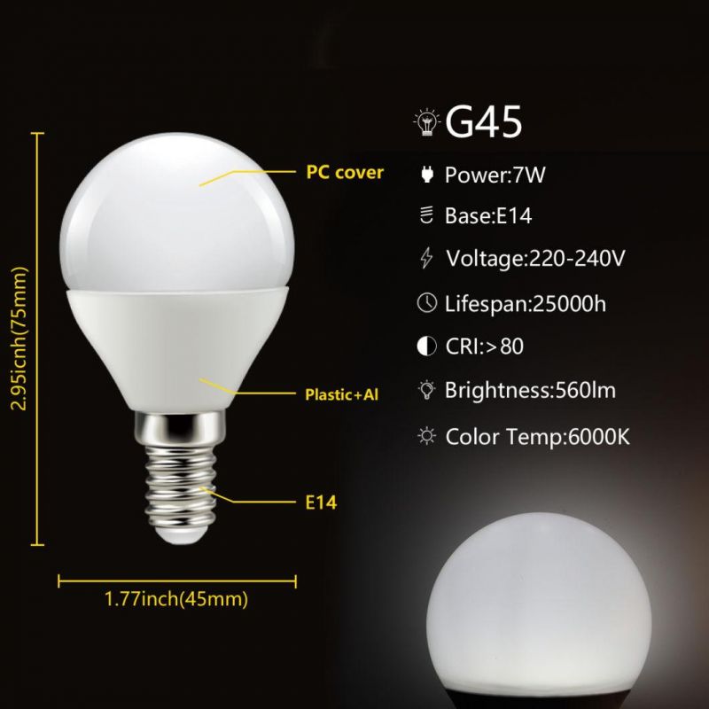 Factory Direct Supply of LED Bulb G45 Real Power 7W Low Power LED Light Bulb with CE RoHS Approved Lamp for Indoor Lighting with E14 E27 B22 Base