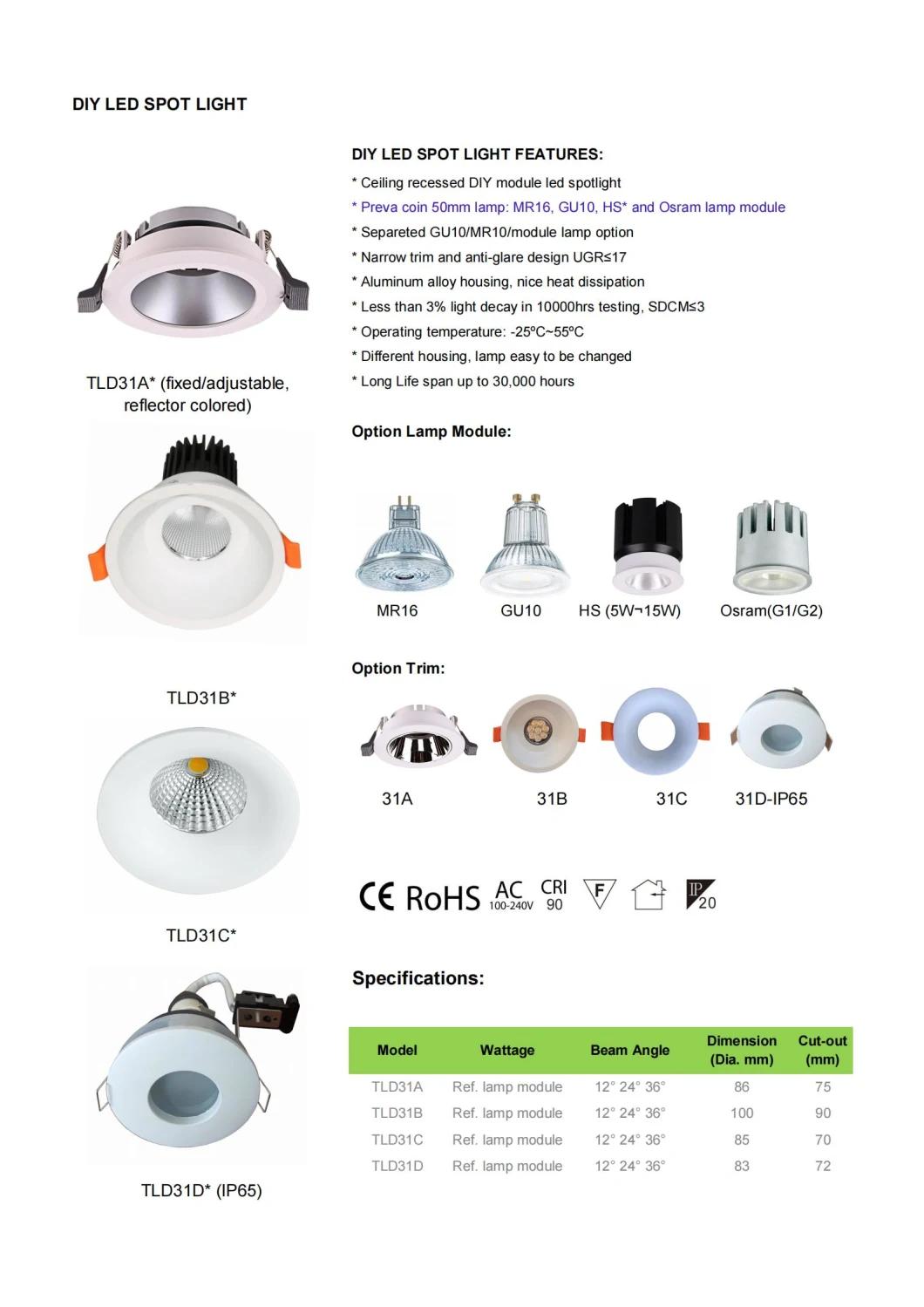 IP65 GU10 Bathroom Downlight Spot Light for Dia50mm GU10 Mr10 Module Lamps Spotlight Trim and Housing
