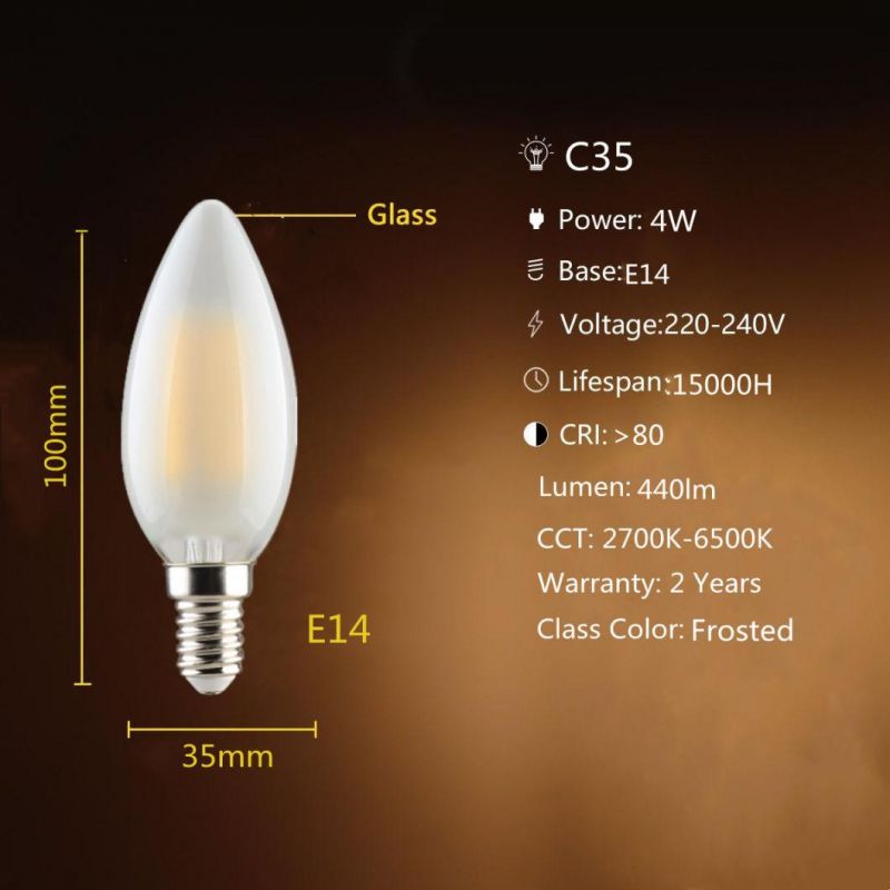 LED Candle Bulb Vintage C35 2W/4W/6W Frosted Glass Lamp Decorative Filament Energy Saving LED Global Bulb for Indoor Lighting