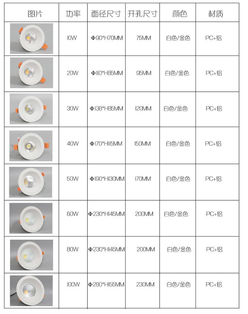 CE RoHS Approved 10W/20W/30W/40W/50W/60W/70W/80W/90W/100W Recessed Ceiling Round COB LED Down Light with CREE Chip Lifud Driver