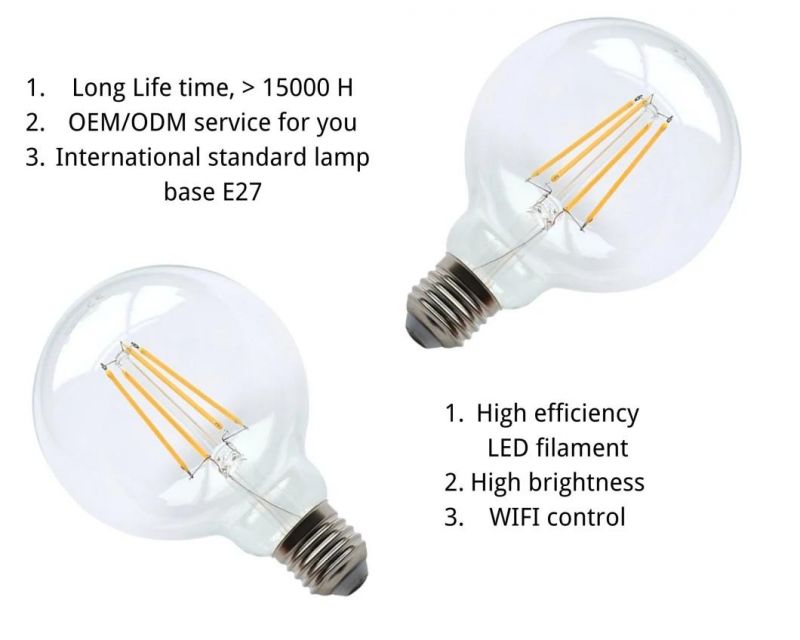 WiFi Control G95 LED Filament Bulbs LED Lighting Dimmable LED Globe Bulb E27 Base LED Lamp 4W LED Bulbs with Ce RoHS