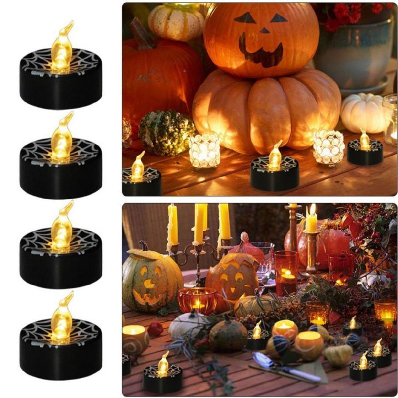 Black Shell Tea Lights Candle Spider Web Pattern Warm White Flashing for Halloween Decoration