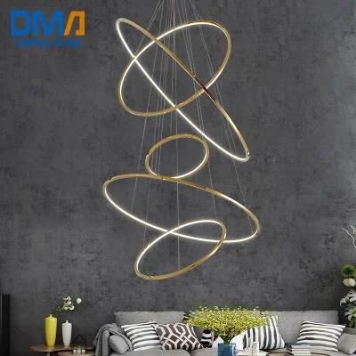 Staircase Chandelier Golden Light Luxury Round Ring Pendant Lamps Restaurant Duplex Villa