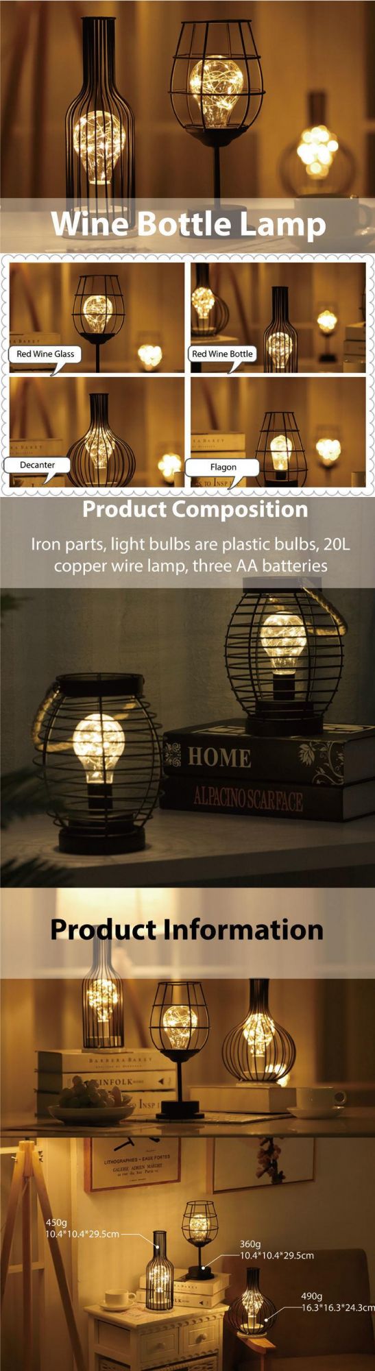 Wine Glass Bottle LED Night Light Iron Hollow out Table Lamp for Cafe Hotel Balcony Geometric Multicolor Wine Bottle Light