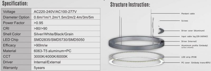 Aluminum Circular LED Luminaire Pendant Light with 2m Diameter