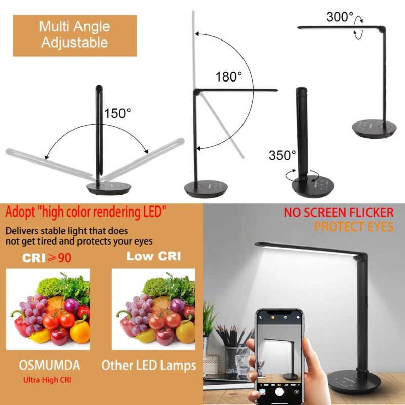 12W LED Desk Lamp, Dimmable and Adjustable Table Lights, Touch-Sensitive Control Panel, with 5 Lighting Modes 7 Brightness Levels, Timer and 5V/2.1A USB Chargin