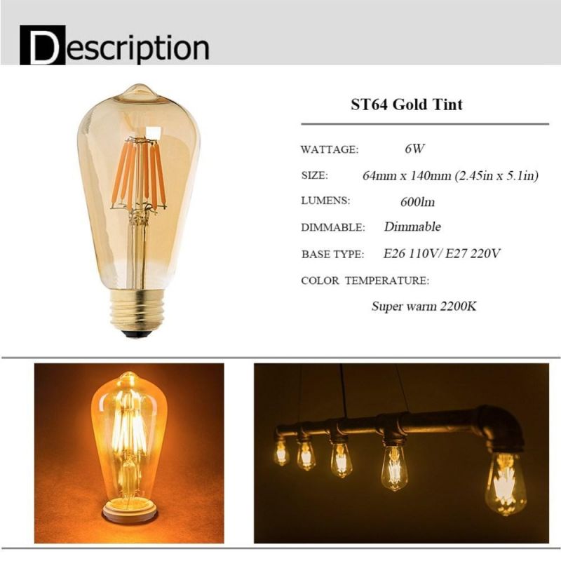 St64 C35 C32t C35t G40 A19 St45 St64 G80 G95 G125 Edison LED Filament Lamp