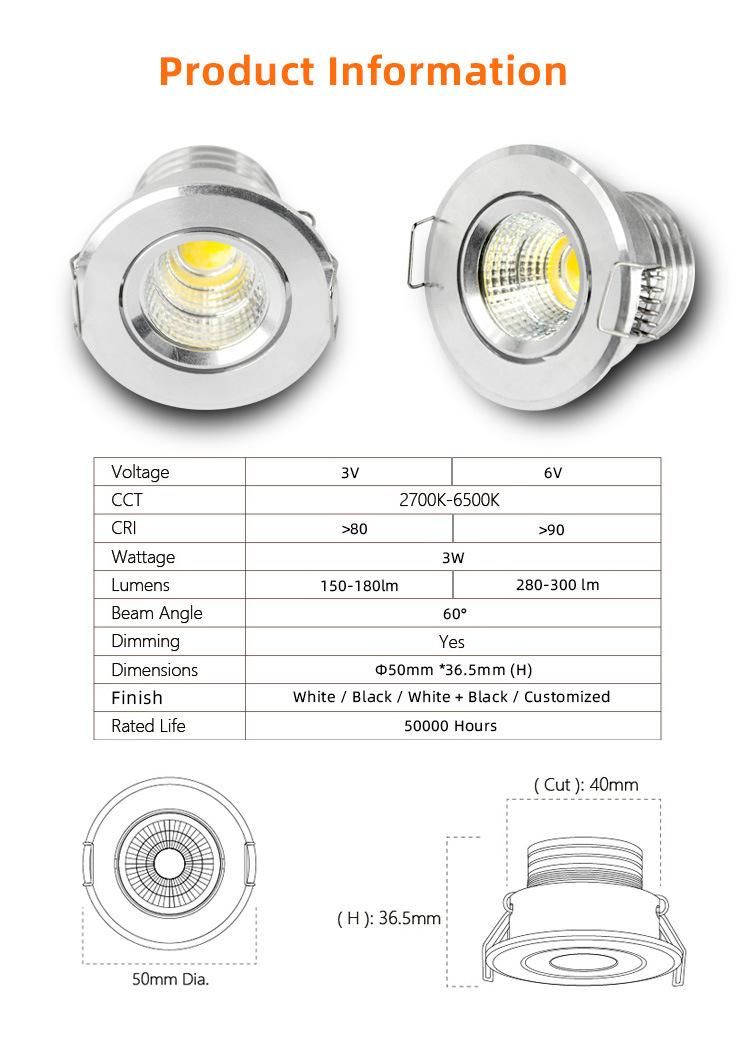 Simva Small Mini COB LED Down Light Anti-Glare Downlights for Hotel Project, Adjustable Recessed Dimmable LED Spotlight