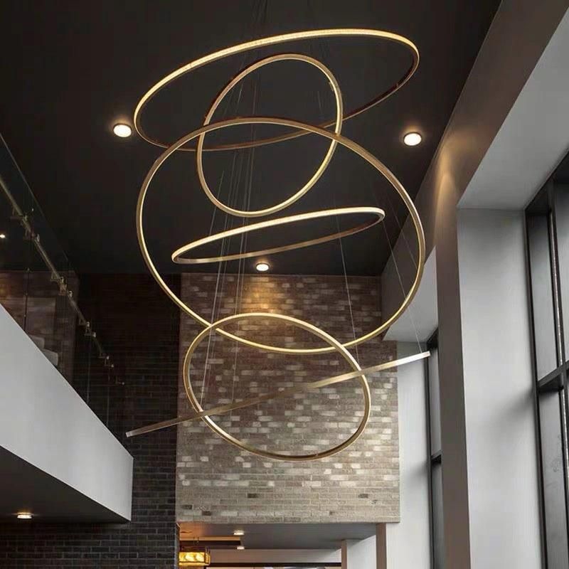 Staircase Chandelier Golden Light Luxury Round Ring Pendant Lamps Restaurant Duplex Villa