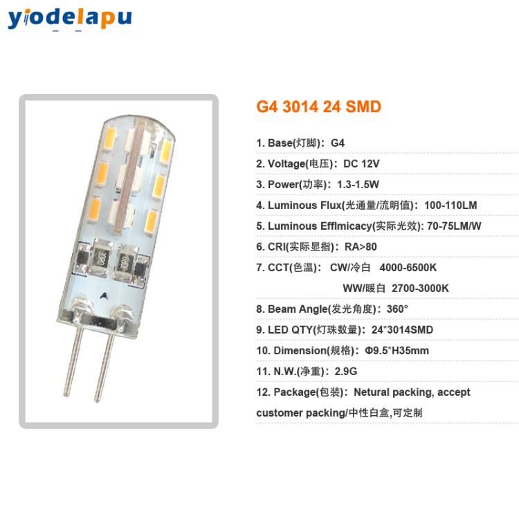 G4 LED Bulb 3014 DC 12V 24LED Lamp with CE RoHS