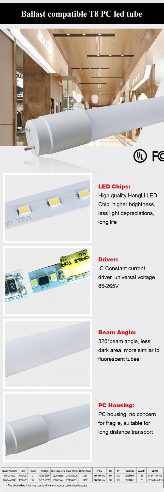 UL Listed Ballast Compatible T8 PC LED Tube