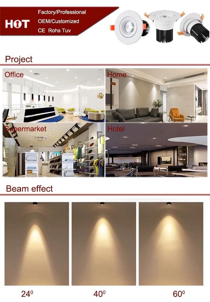 Commercial High Color Development Modern Ra>80 Indoor Lighting Recessed COB LED Down Lights