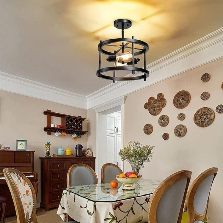 Matte Black Semi Recessed Ceiling Light Fixtures 2 Lights E26 Farmhouse Pendant Light Retro Industrial Ceiling LED Chandeliers