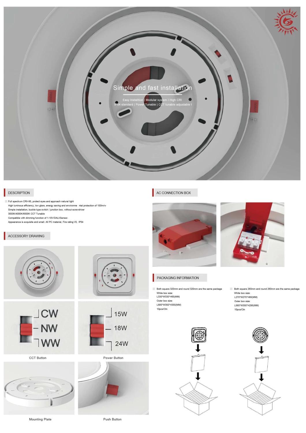 Surface Mount Ceiling Lamp 3CCT 3000K/4000K/6000K Power Adjustment 5W/10W/15W, 15W/20W/25W