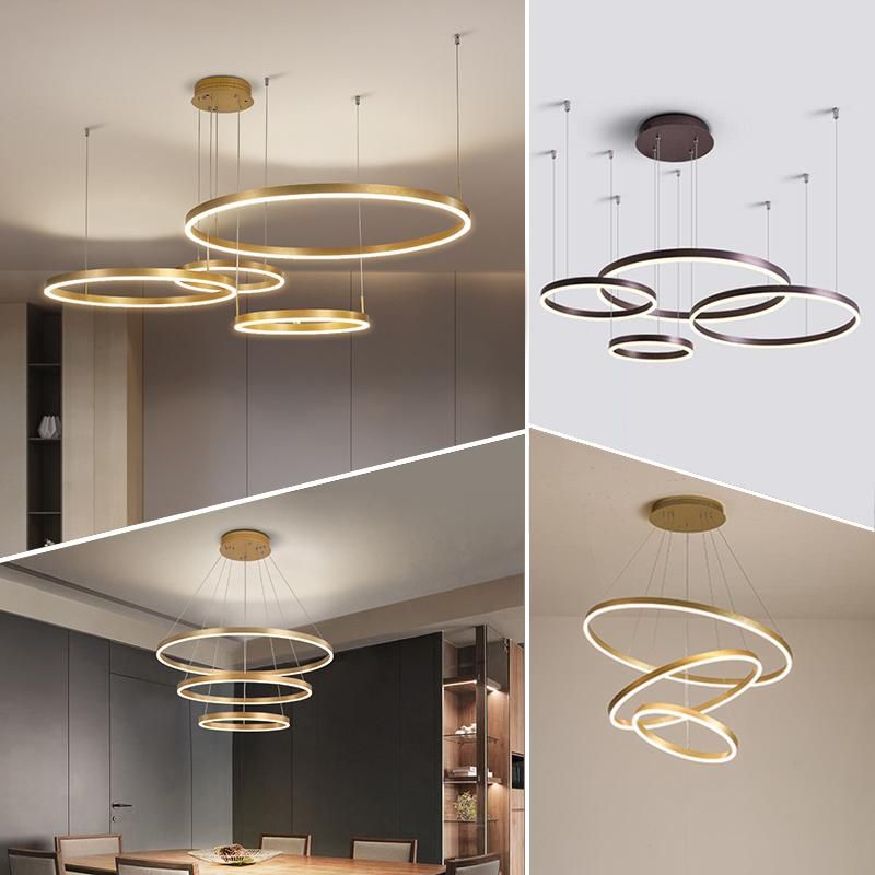 Simple Hanging Decorative Ceiling Pendant Lights Circle Rings Acrylic Gold Luxury Modern LED Chandelier