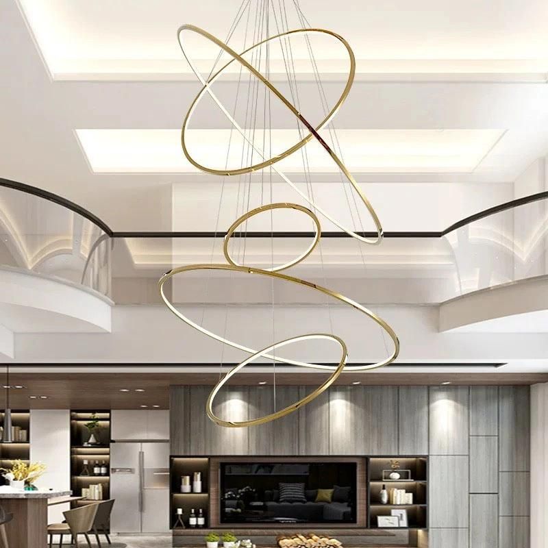 Staircase Chandelier Golden Light Luxury Round Ring Pendant Lamps Restaurant Duplex Villa