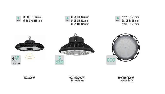 85-265V IP65 100W/150W/200W UFO LED Highbay with 0-10V Dim Driver