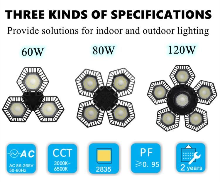 80W Folding Hexagon Adjustable Aluminum and Plastic LED Garage Light