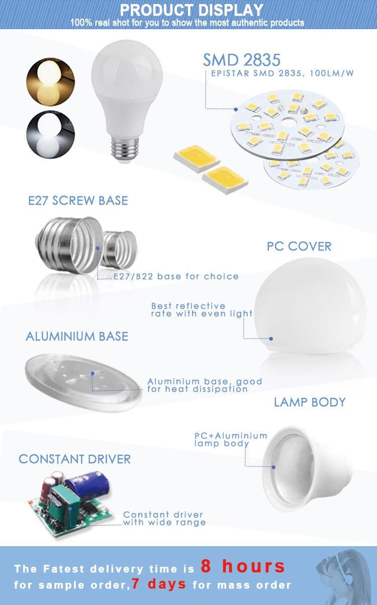 Plastic and Aluminum A60 7W 9W 12W 220V LED Light Bulbs
