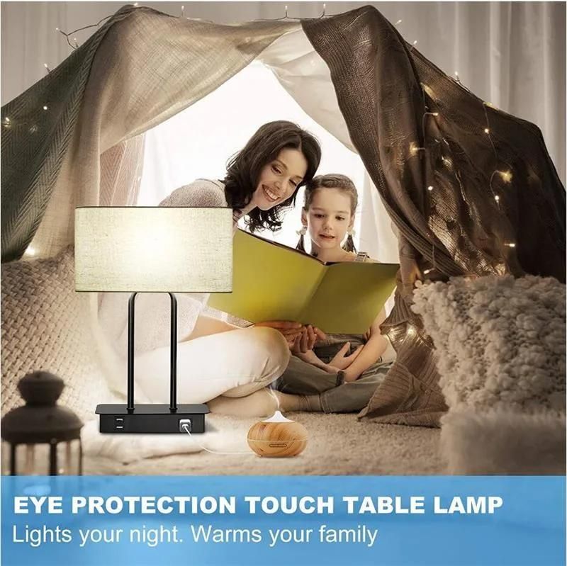 USB Double Charge Linen Square Indoor Bedside Lamp Bedroom Touch Desk Lamp