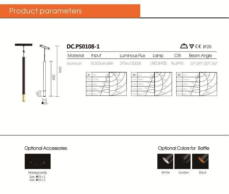 DC48V Magnetic Track Dimmable 8W LED Pendant Light