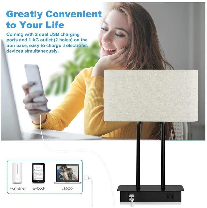 USB Double Charge Linen Square Indoor Bedside Lamp Bedroom Touch Desk Lamp