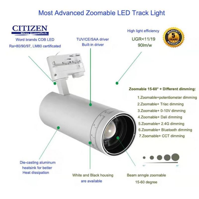 15W 20W 25W 30W 35W Zoomable LED Track Light ETL CRI90 CRI95 CRI97 Mini Narrow Beam Ceiling Zoomable COB LED Focus Spot Track Rail Light Tracklight LED Lights