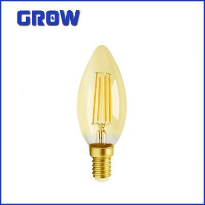 LED Candle Bulb Light C35 Vintage Lamp Golden E14 4W LED Filament Bulb for Indoor Lighting and Home Decoration with CE RoHS ERP Approval