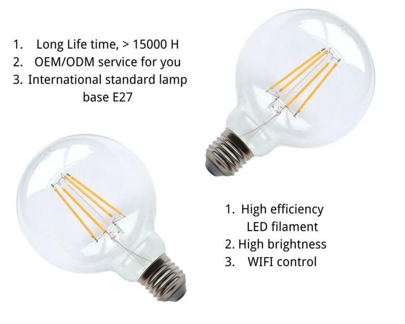 WiFi Control LED Lighting Filament Bulbs Lamp G125 Dimmable LED Lamp E27 Base LED Light 8W LED Bulb