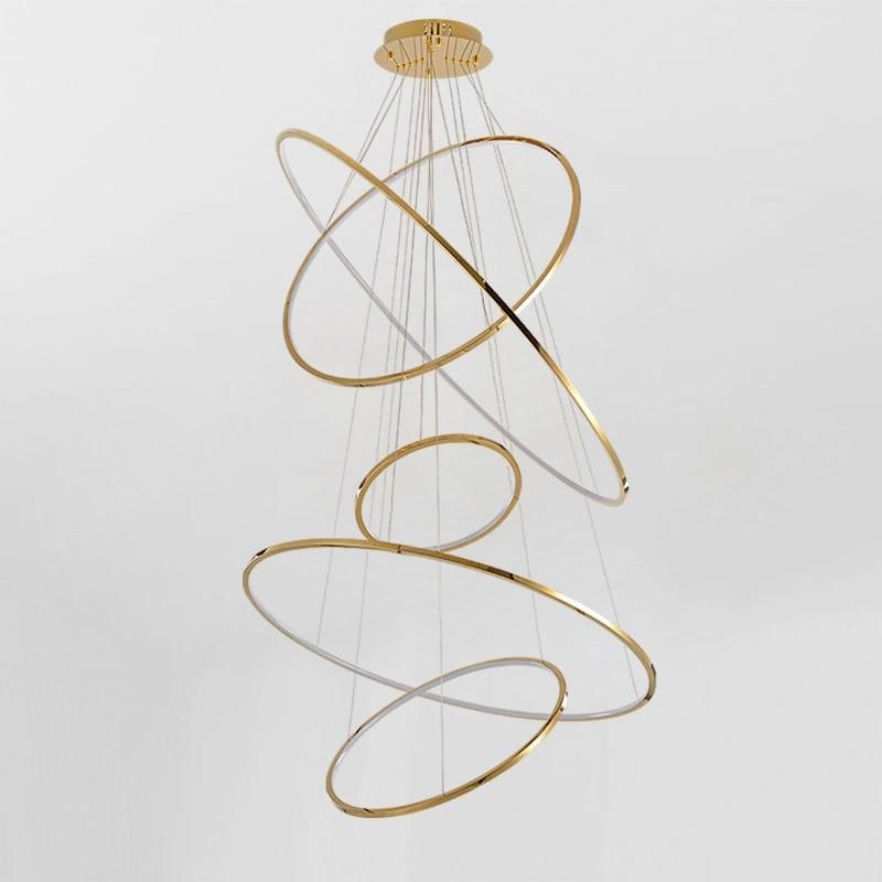Staircase Chandelier Golden Light Luxury Round Ring Pendant Lamps Restaurant Duplex Villa