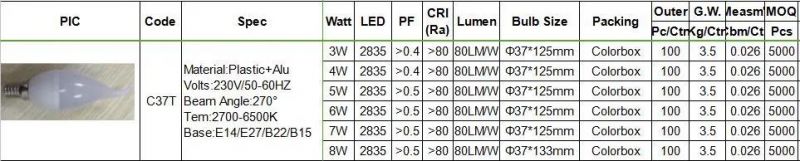 C37 3W New ERP Complied LED Flame Bulb with Cool Warm Day Light E27 E14 B15 B22