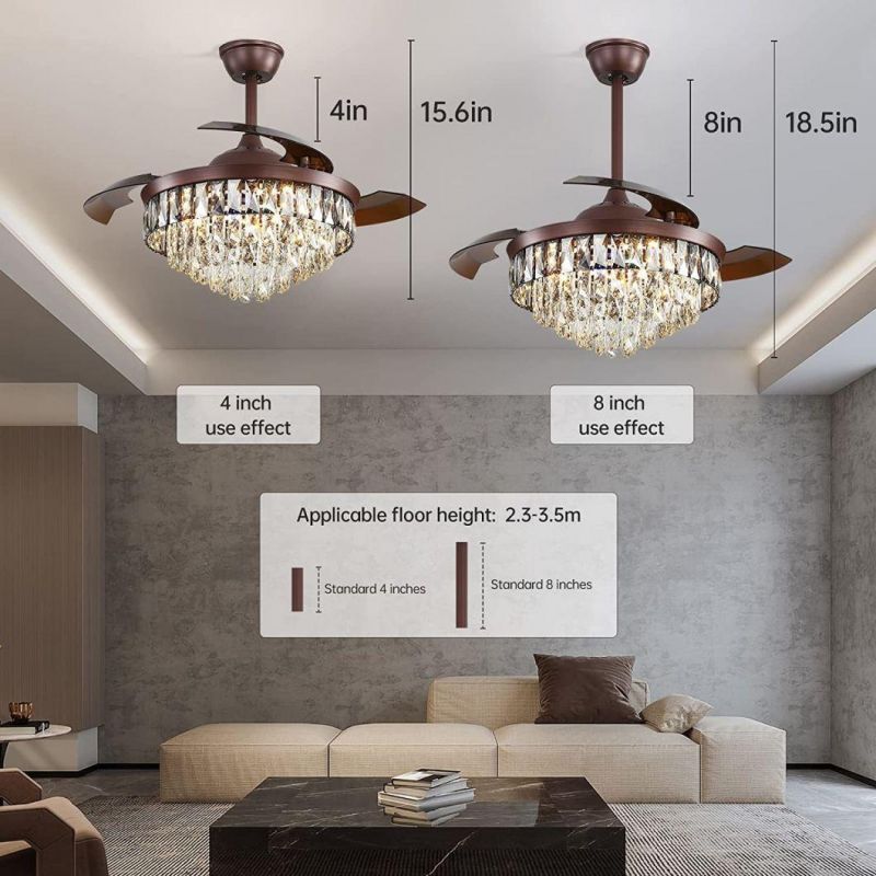 Modern Luxury Design 42 Inch Foldable with Hidden Blade and Remote Control High Quality Chandelier Crystal Ceiling Fan