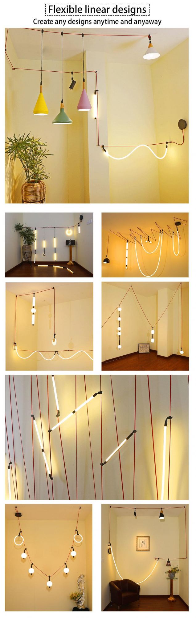 LED Indoor Designer Flexible Linear Black Red Wire Glass Acrylic Shade Decoration Chandelier Pendant Ceiling Spot Track Lamp Light
