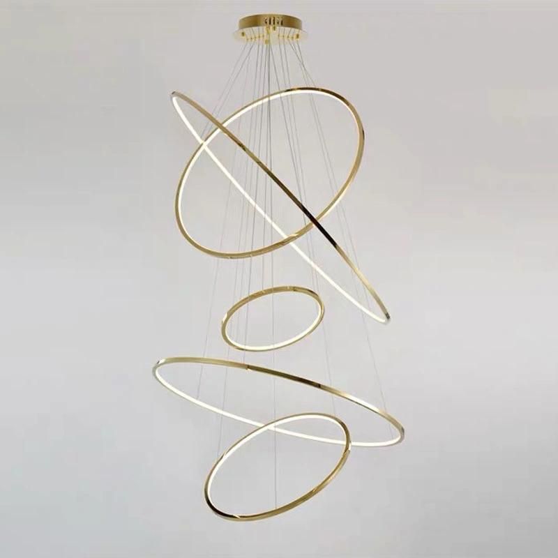 Staircase Chandelier Golden Light Luxury Round Ring Pendant Lamps Restaurant Duplex Villa