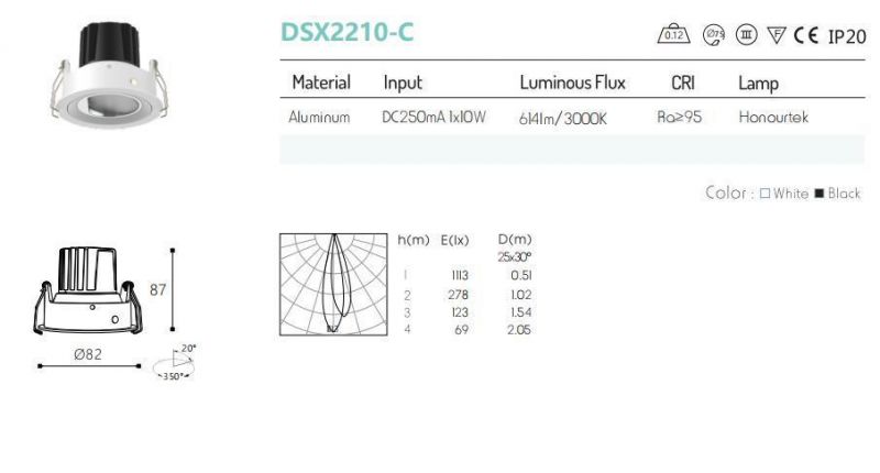 Aluminum Recessed 1*10W LED Ceiling Down Light Cut-out: 75mm